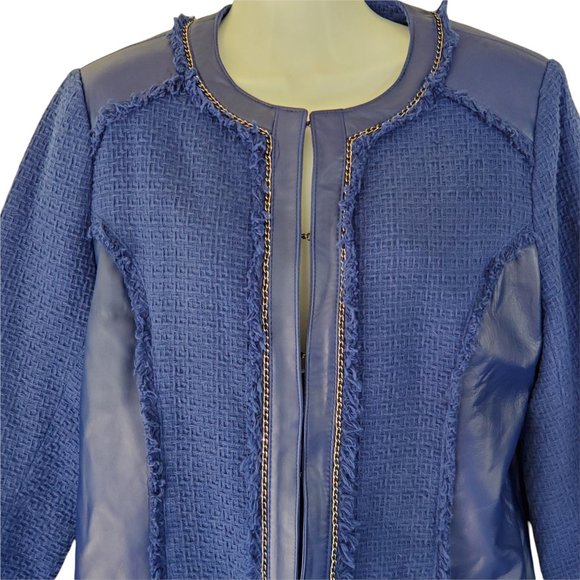 Saks Fifth Avenue Women's M Blue Leather Trim Cotton Waffle Weave Lined Jacket - Picture 8 of 12